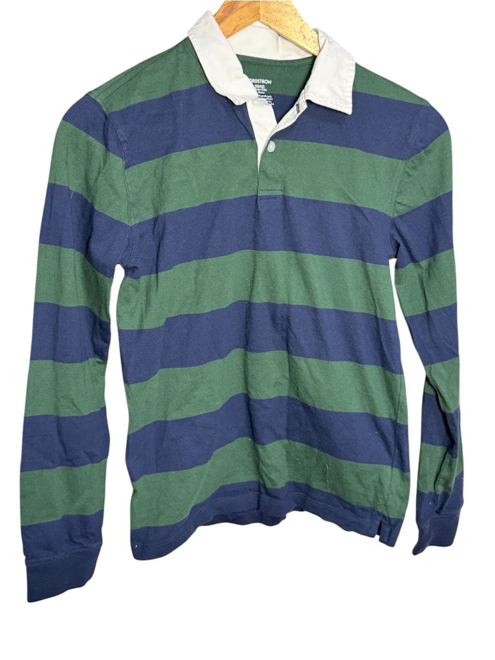 Nordstrom kid’s green & navy striped long-sleeve rugby polo Boy’s size large | g